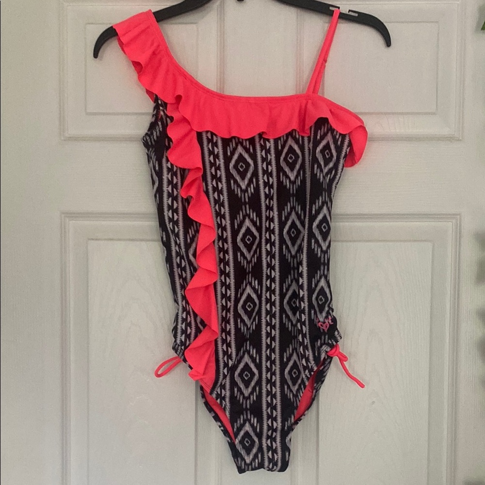 Girls Junior One Piece Swimsuit with Pink Ruffle - Picture 1 of 3